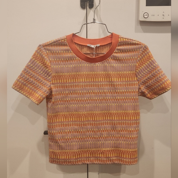 Zara New Without Tags Striped Orange and Yellow Womens Knit Shirt - Picture 1 of 2